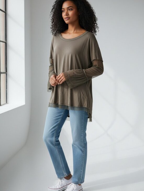 POL Tops - 🤎 POL Distressed Boho Top S | Mesh Sleeve Bell Top Raw Hem 🤎